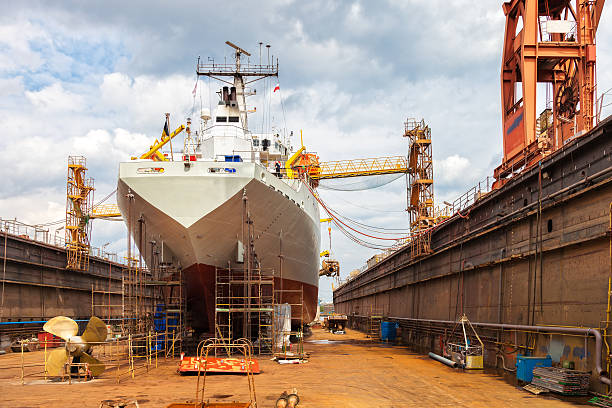 a ship under construction in a shipyard